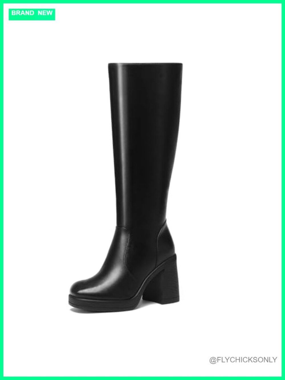 Knee High Boots Faux Leather Chunky Block Heel Square Toe Platform Side Zip